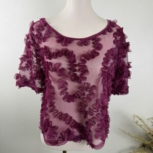Ashley Stewart Size 14/16 Plum Textured Rosette Mesh Short Sleeve Top